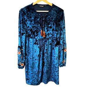 Alvina Crushed Velvet Embroidered Tunic Dress Size M Teal Boho Whimsigoth